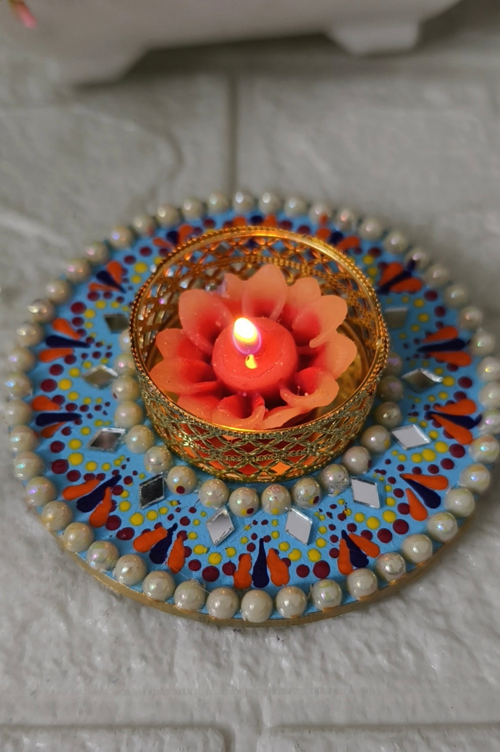 Triveni Glow: Mirror, Mandala & Beadwork Tealight Candle Holder for Diwali Decor,with Candle.