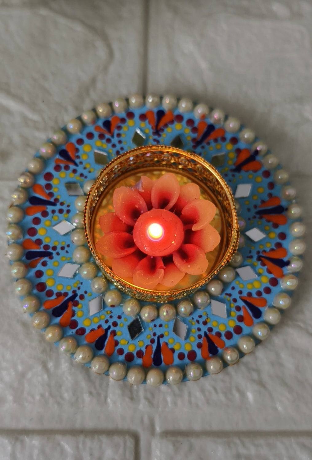 Triveni Glow: Mirror, Mandala & Beadwork Tealight Candle Holder for Diwali Decor,with Candle.