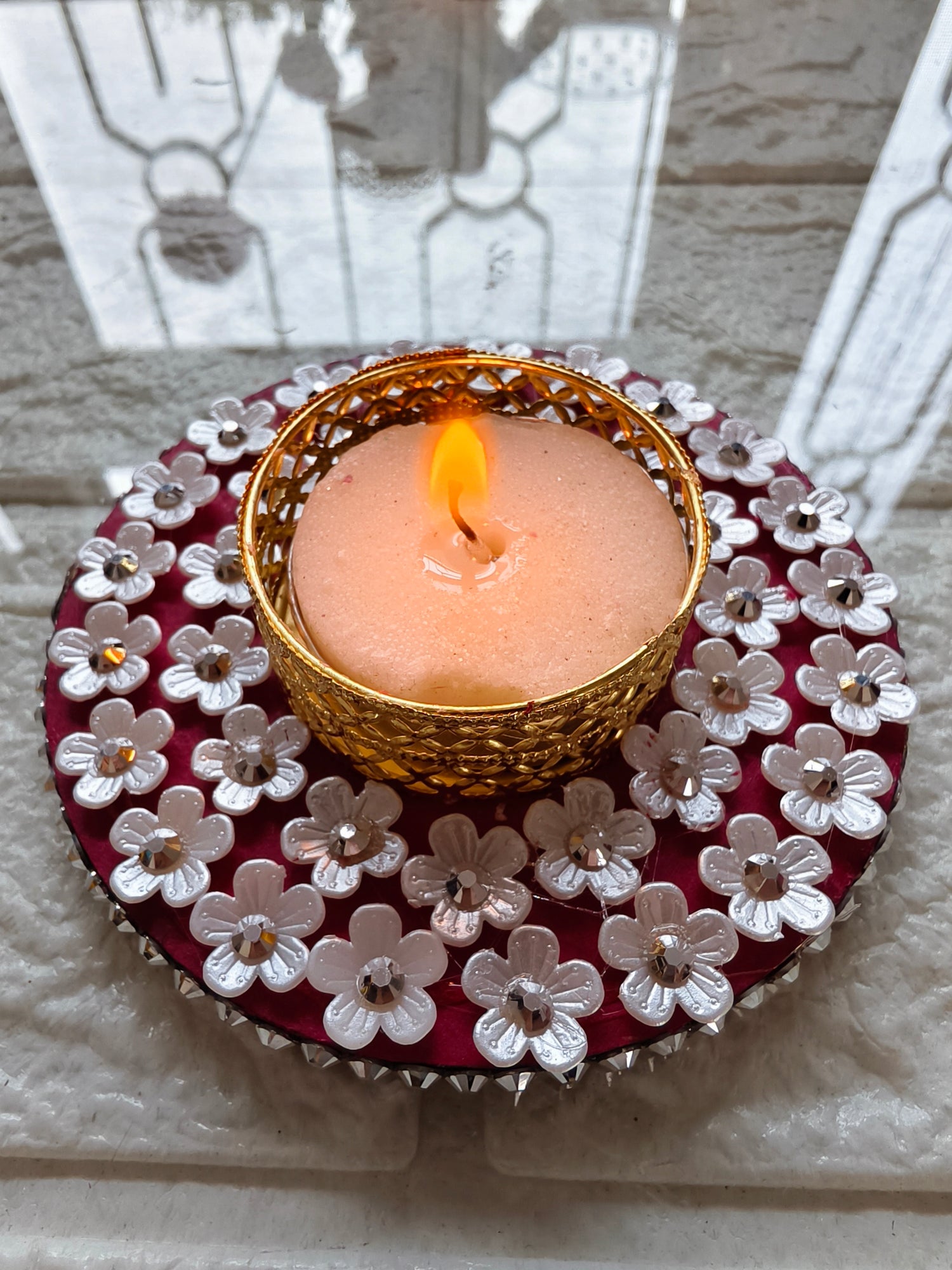 White Small Flowers Tealight Candle Holder handcrafted,Best for corporate gifting, diwali gift, quantity -01