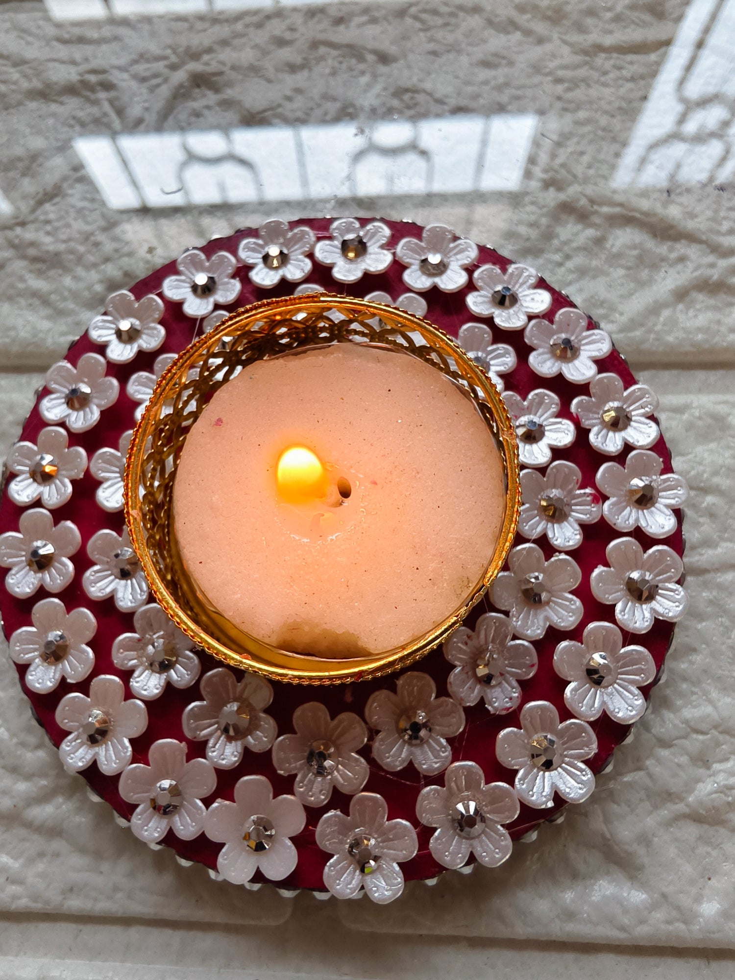 White Small Flowers Tealight Candle Holder handcrafted,Best for corporate gifting, diwali gift, quantity -01