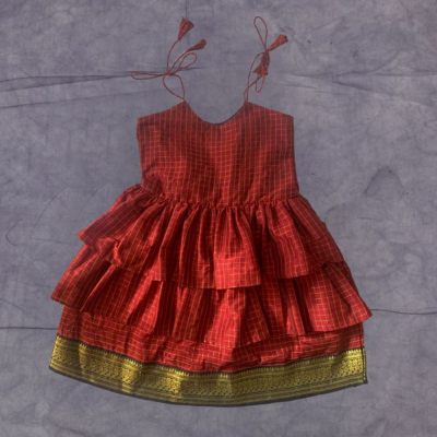 Little Miss Sunshine - Frock-Dress in Red checks with black zari