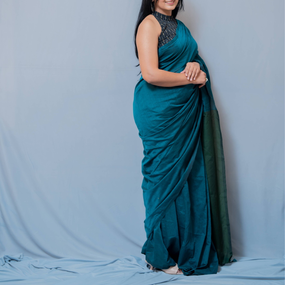 Aanchal - 1 minute Ready-to-wear saree in Teal with green in Khadi fabric