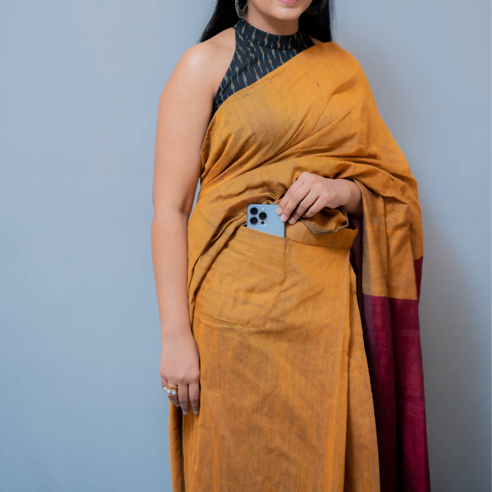 Aanchal - 1 minute Ready-to-wear saree in mustard with red in Khadi
