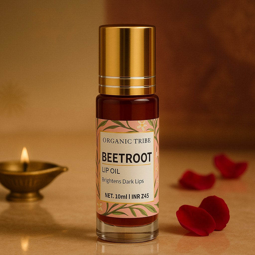 Organic Tribe Beetroot Lip Oil – Ayurvedic natural lip lightening and hydrating oil made with beetroot extract, jojoba oil, and vitamin E. 100% organic, chemical-free, and preservative-free lip care that lightens dark lips, restores softness, and adds a natural pink tint. Luxury Indian skincare inspired by royal Ayurvedic beauty rituals.