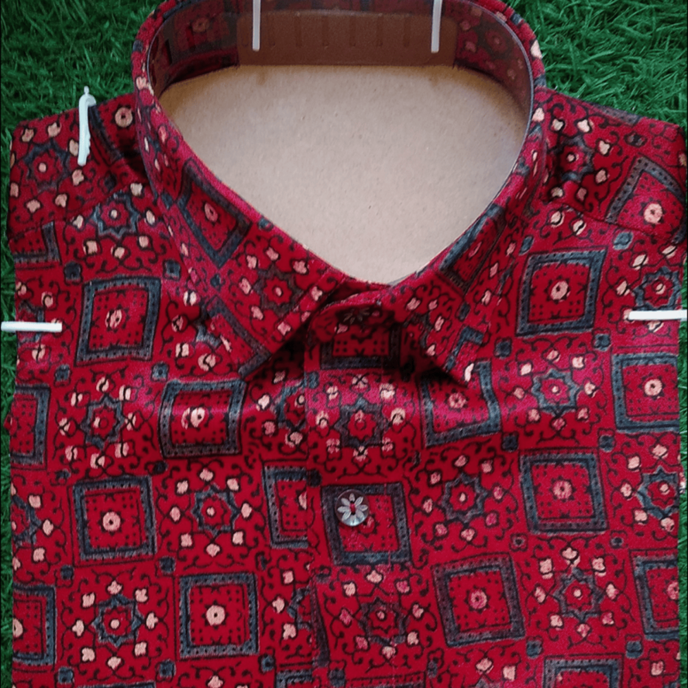 Luxurious Ajrakh Handblock printed Designer Silk Shirt.