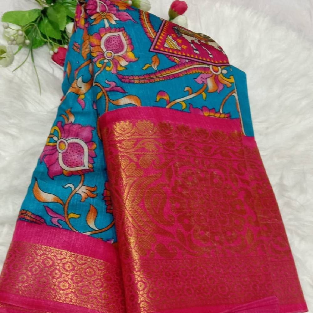 Kalamkari Printed Saree with Gold Zari Border_Blue