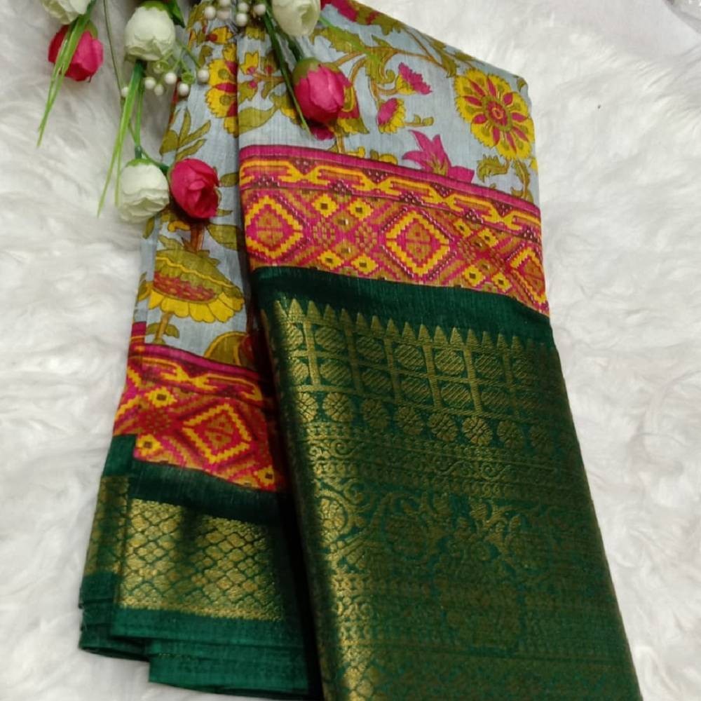 Kalamkari Printed Saree with Gold Zari Border_Blueish Grey