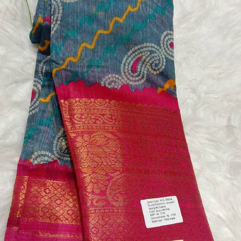 Kalamkari Printed Saree with Gold Zari Border_Blueish Grey