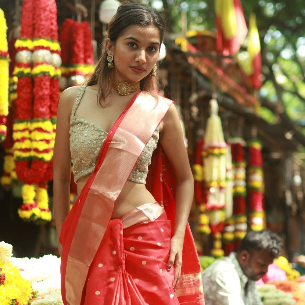 Celebrity Inspired Soft Tissue Saree Red with Gold Zari