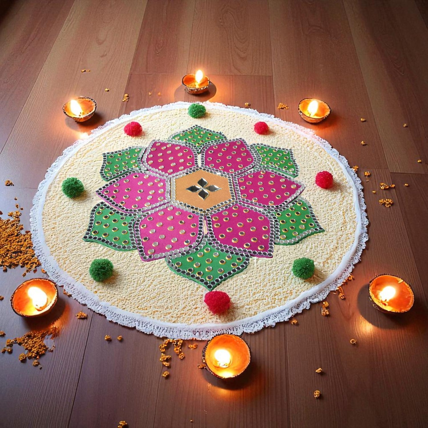 12 inch One Minute Rangoli — Mirror Inlay Floor Art for Diwali & Pooja