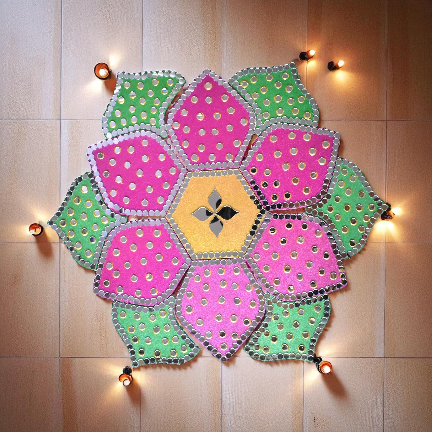 12 inch One Minute Rangoli — Mirror Inlay Floor Art for Diwali & Pooja