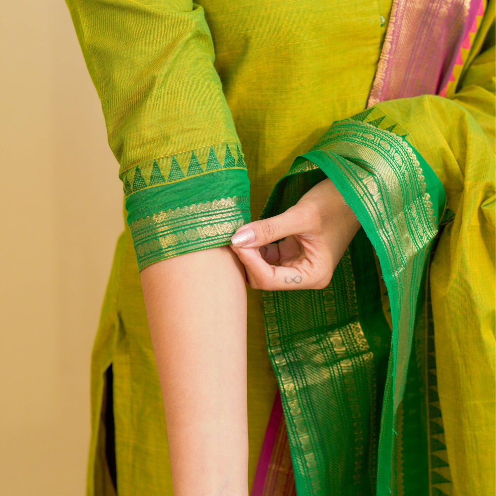 Geet - Kurti with dupatta in pure kanchi cotton in mehndi color
