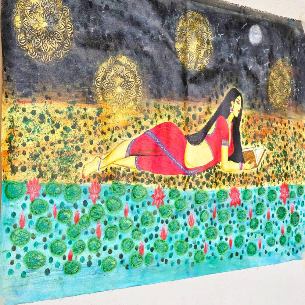 Beautiful Indian lady reading book in moonlight-Acrylic/oil canvas painting
