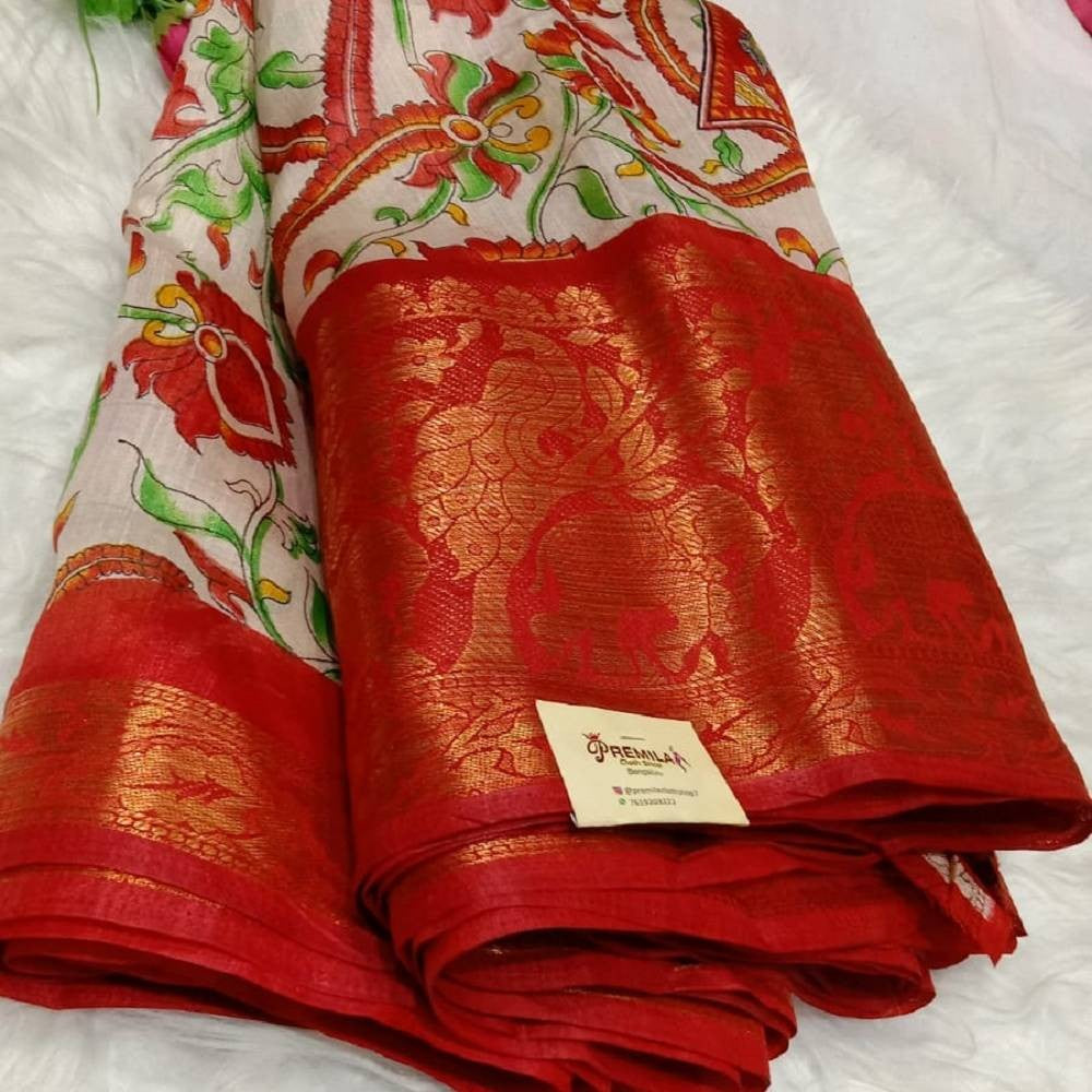 Kalamkari Printed Saree with Gold Zari Border_Peach