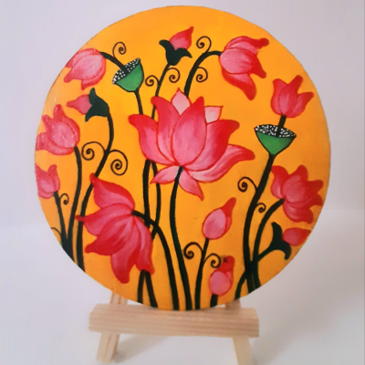 Pichwai painting on 6" round mdf board- yellow