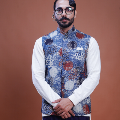 Hand block printed Ajrakh Indigo Nehru Jacket