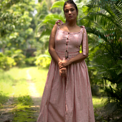 AMARA’S GRACE~Striped Sleeveless Dress with Belted Waist