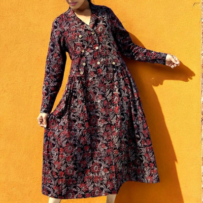 MAUI- Ajrakh handblock printed Lantern Sleeves , Collared A Line Dress