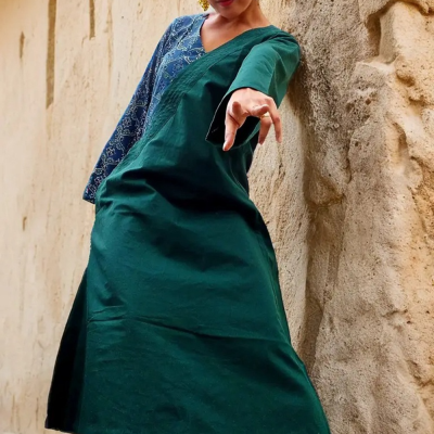 ABASHA - Free Flow Kimono Style High Low Ajrakh block Print Dress.