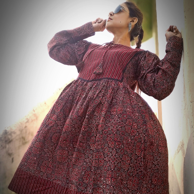 KHIVA -3Q Sleeves Red Cotton Ajrakh Printed Midi Dress with round Stringed Neck