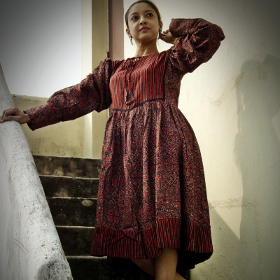 KHIVA -Loose fit,Ajrakh Midi Dress ,round Stringed Neck.