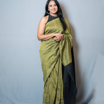 Aanchal - 1 minute Ready-to-wear Saree in green with black in Khadi