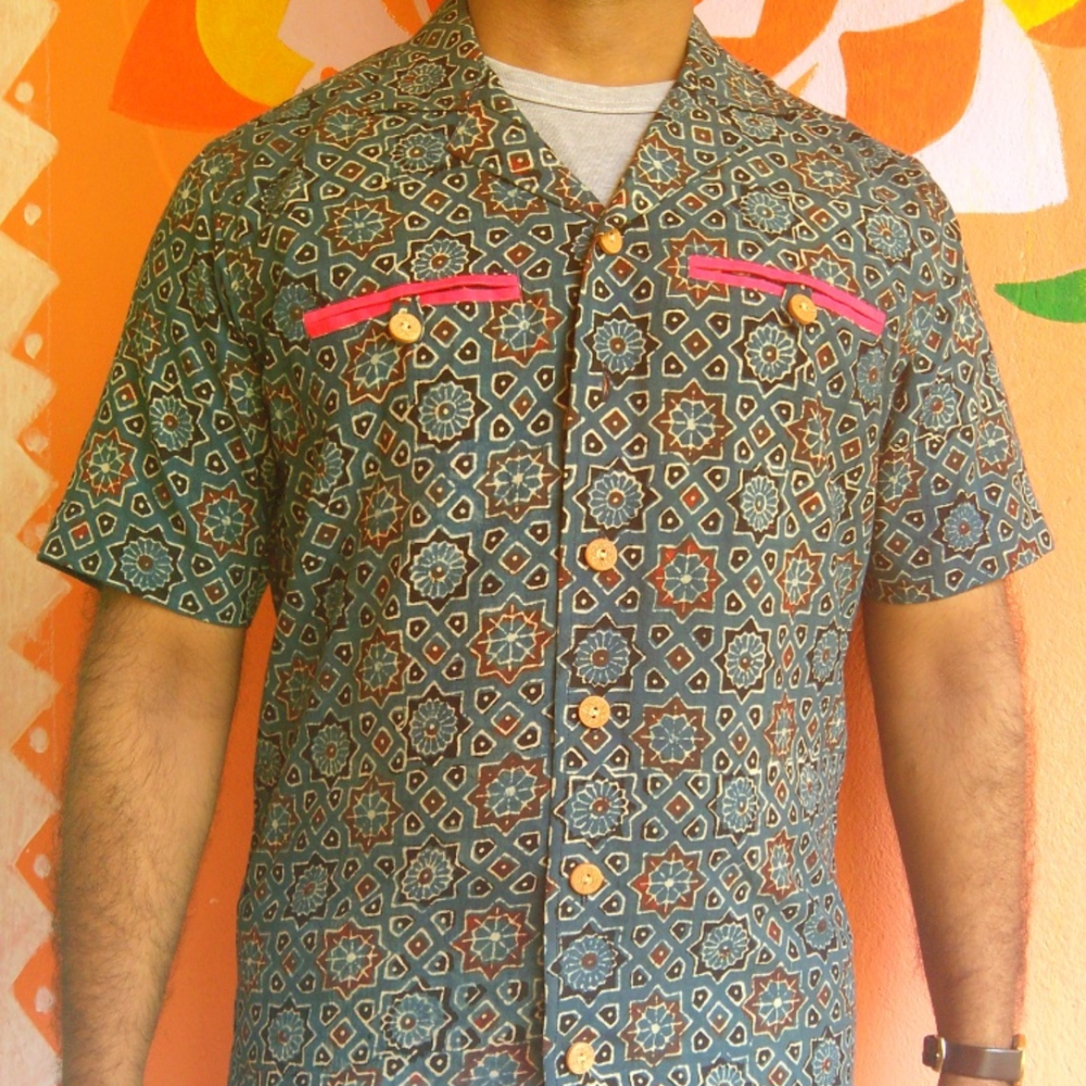 Geometric pattern, Natural Dye, Ajrakh Hand Block Printed Designer Shirt.
