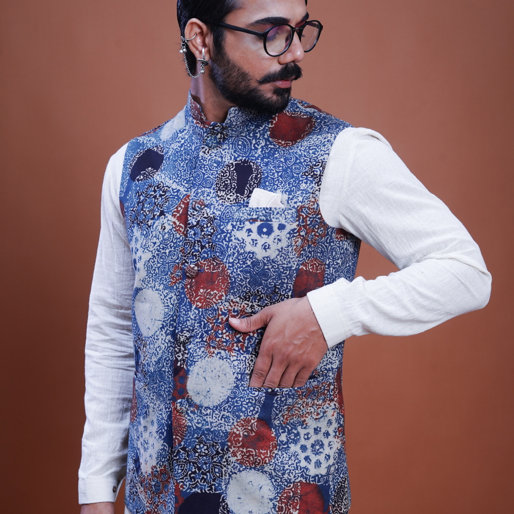 Hand block printed Ajrakh Indigo Nehru Jacket