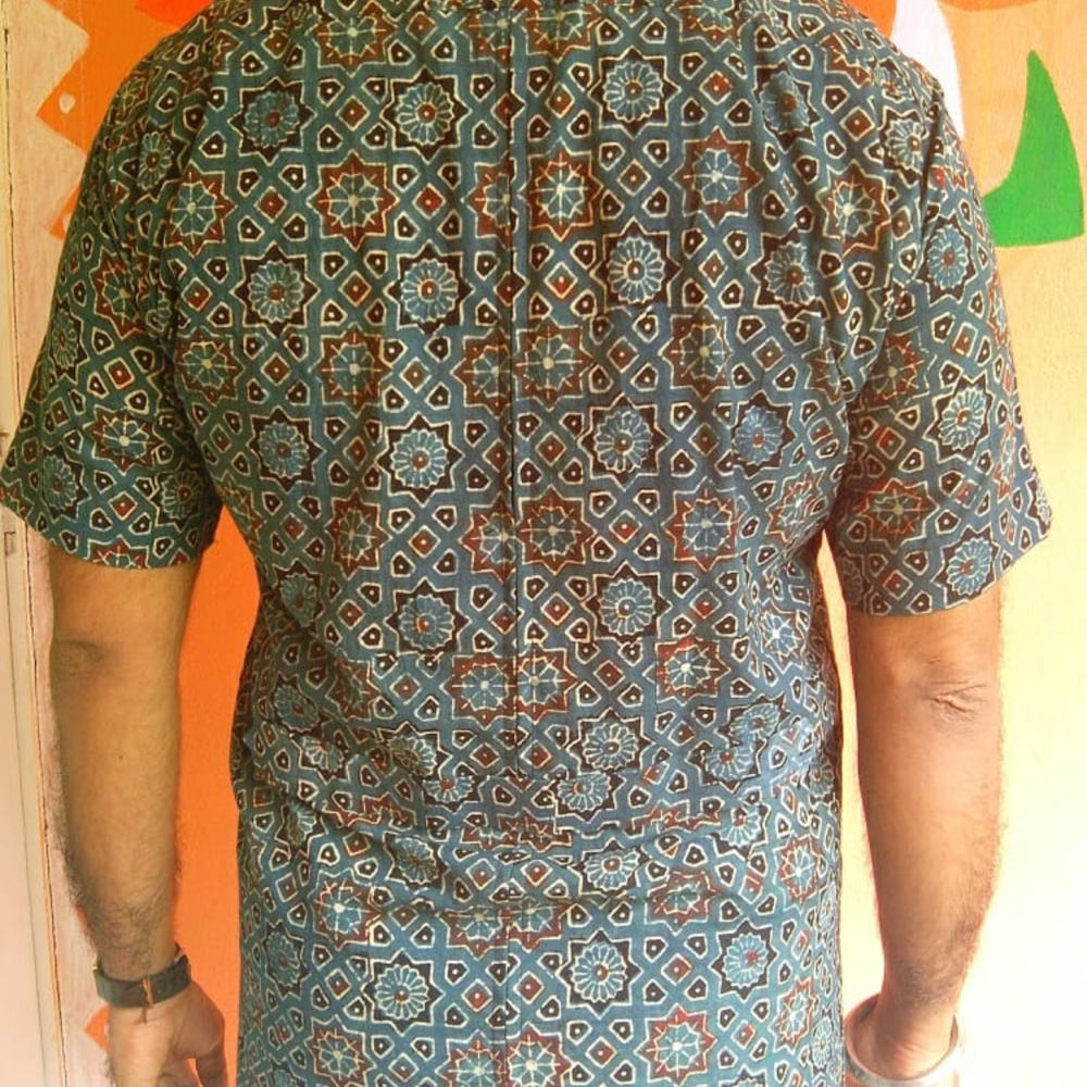 Geometric pattern, Natural Dye, Ajrakh Hand Block Printed Designer Shirt.