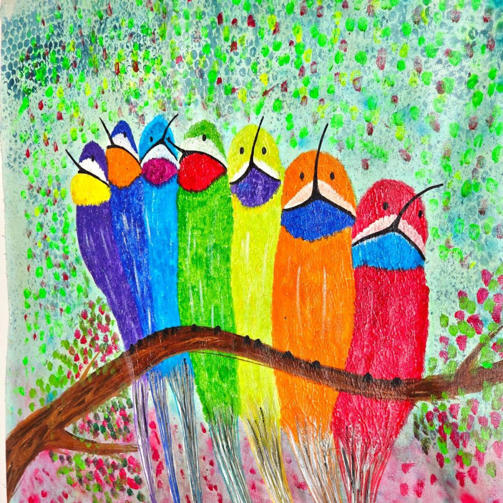 Rainbow birds chilling on tree canvas painting