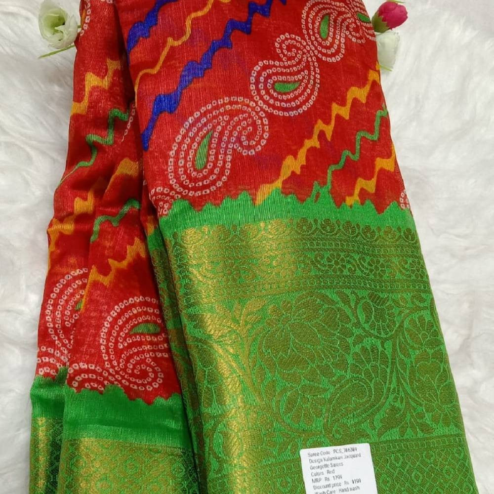 Kalamkari Printed Saree with Gold Zari Border_Red