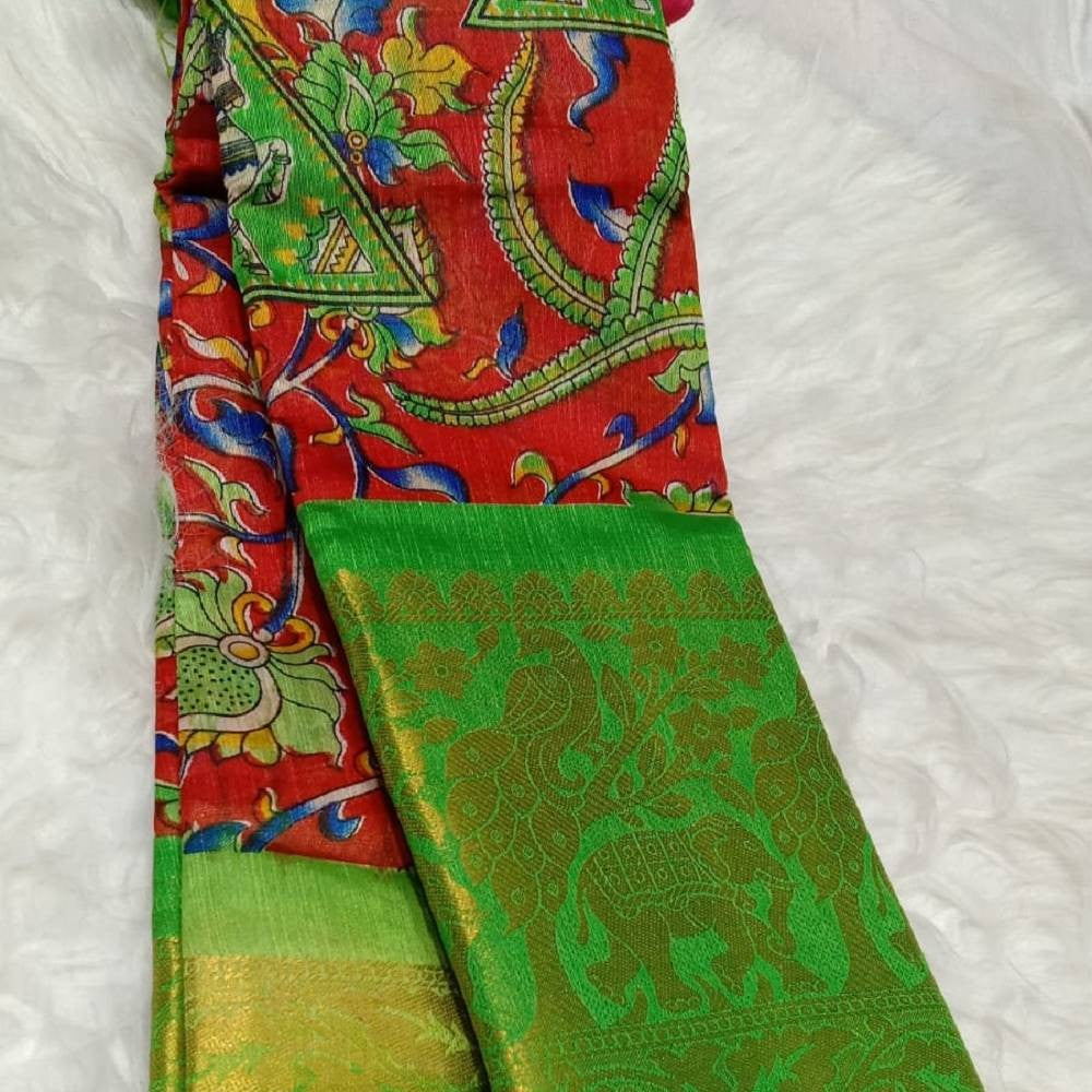 Kalamkari Printed Saree with Gold Zari Border_Red