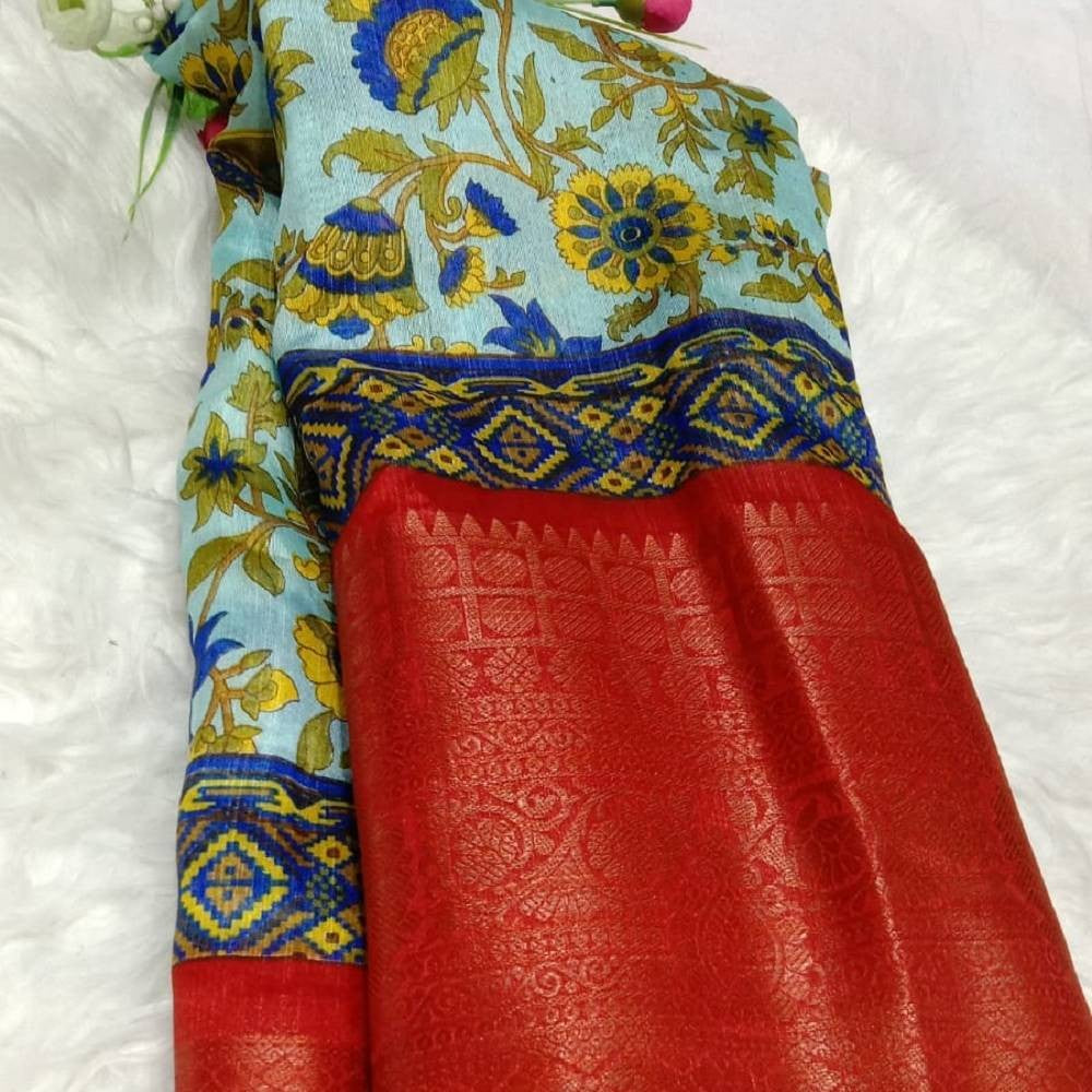 Kalamkari Printed with Gold Zari Border_Sea Blue