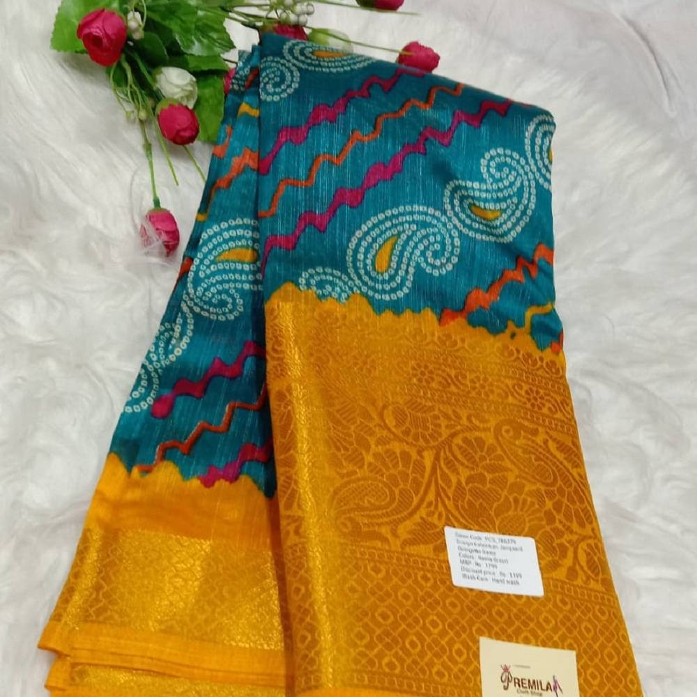 Kalamkari Printed Saree with Gold Zari Border_Turquoise Blue