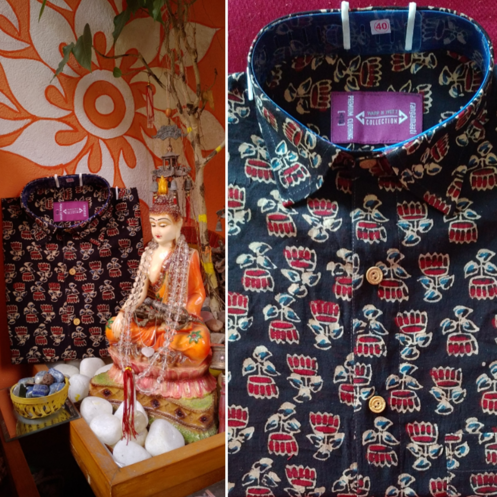 Cotton Shirt,with Lotus pattern Ajrakh hand Block printed with natural dye.