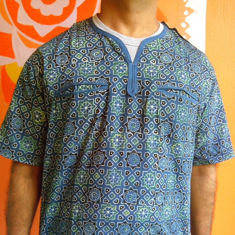 Geometric pattern, Natural Dyed Ajrakh hand printed Designer Shirt.
