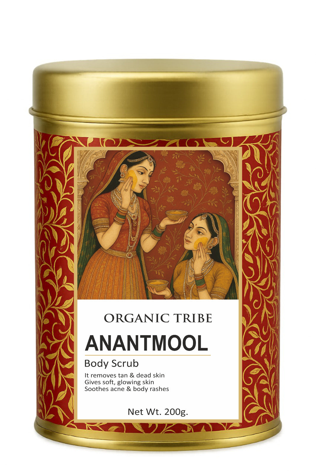 Organic Tribe Anantmool Body Scrub – luxury Ayurvedic body exfoliator for glowing, radiant skin. 100% natural, organic, chemical-free and preservative-free body scrub made in India with Anantmool root for tan removal and detox. Handmade royal skincare inspired by traditional Indian art and Ayurvedic rituals.