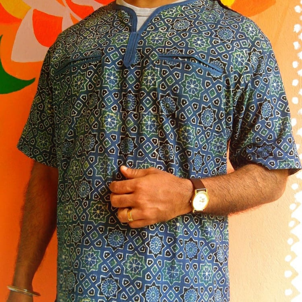 Geometric pattern, Natural Dyed Ajrakh hand printed Designer Shirt.