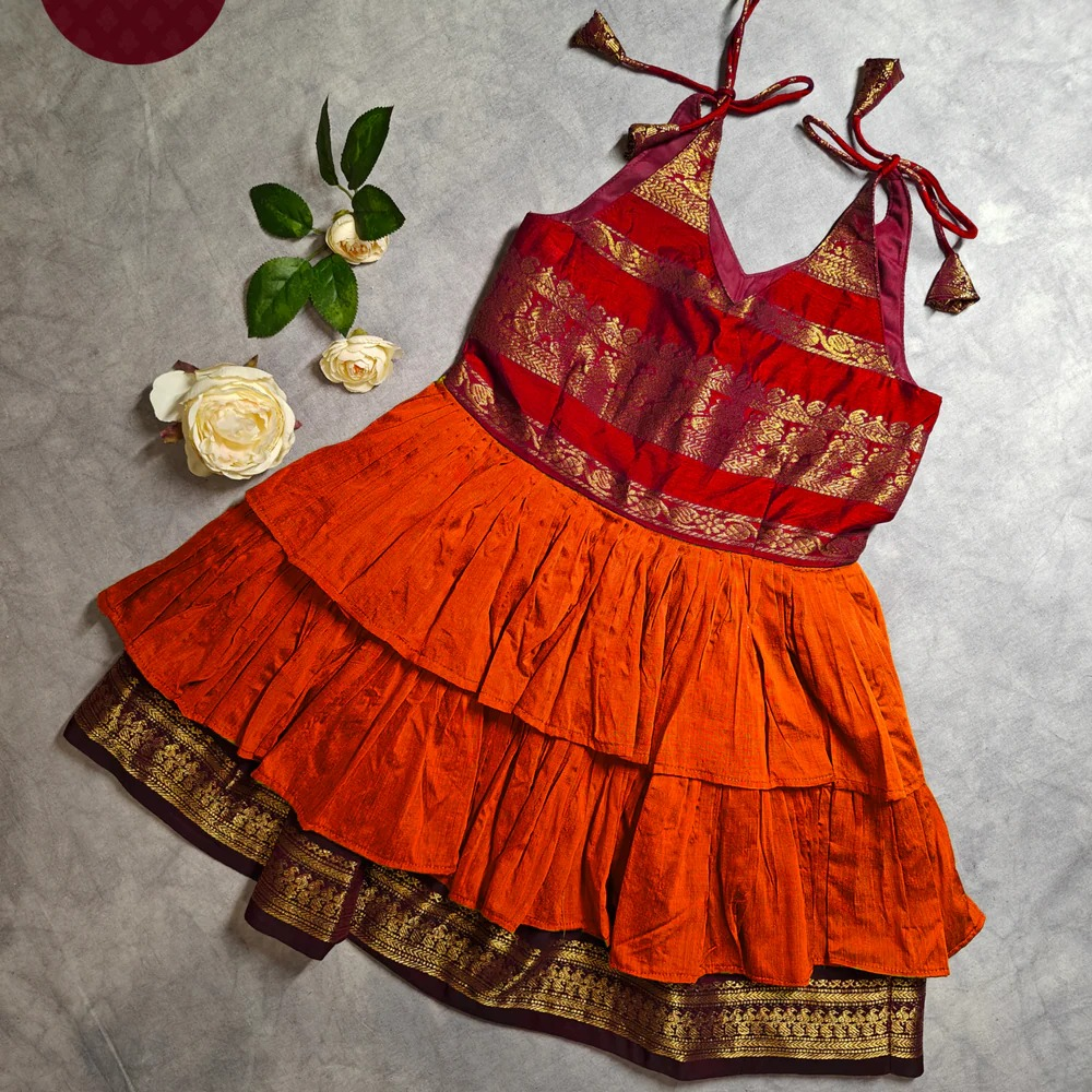 Little Miss Sunshine - Frock-Dress in Orange with red zari Ages 1-6
