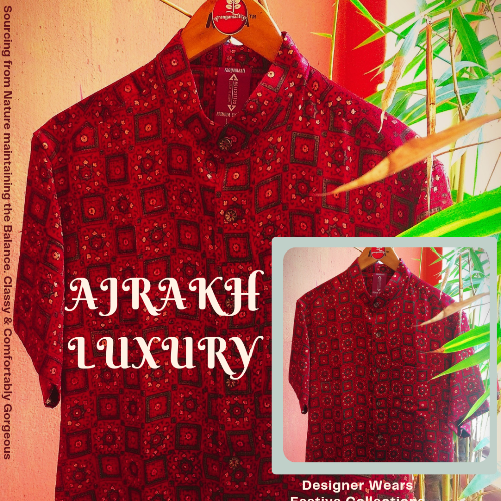 Luxurious Ajrakh Handblock printed Designer Mashru Silk Shirt.