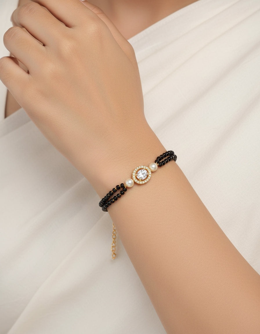 JHB American Diamond Single Boll and Black Bead Bracelet For Women's