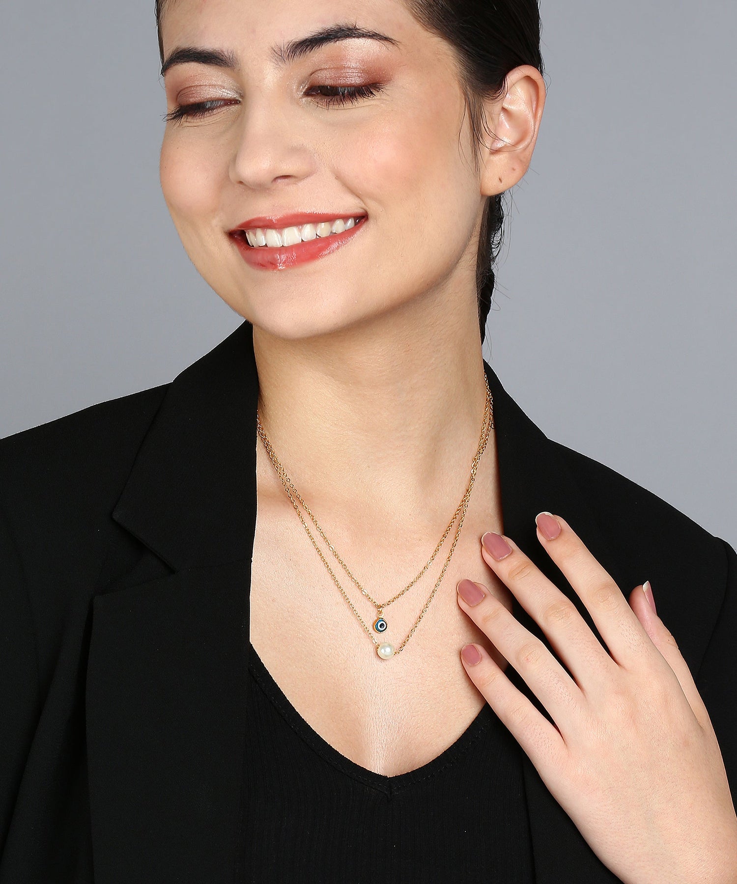 JHB Single Pearl With Evil Eye Layer Chain For Women And Girls