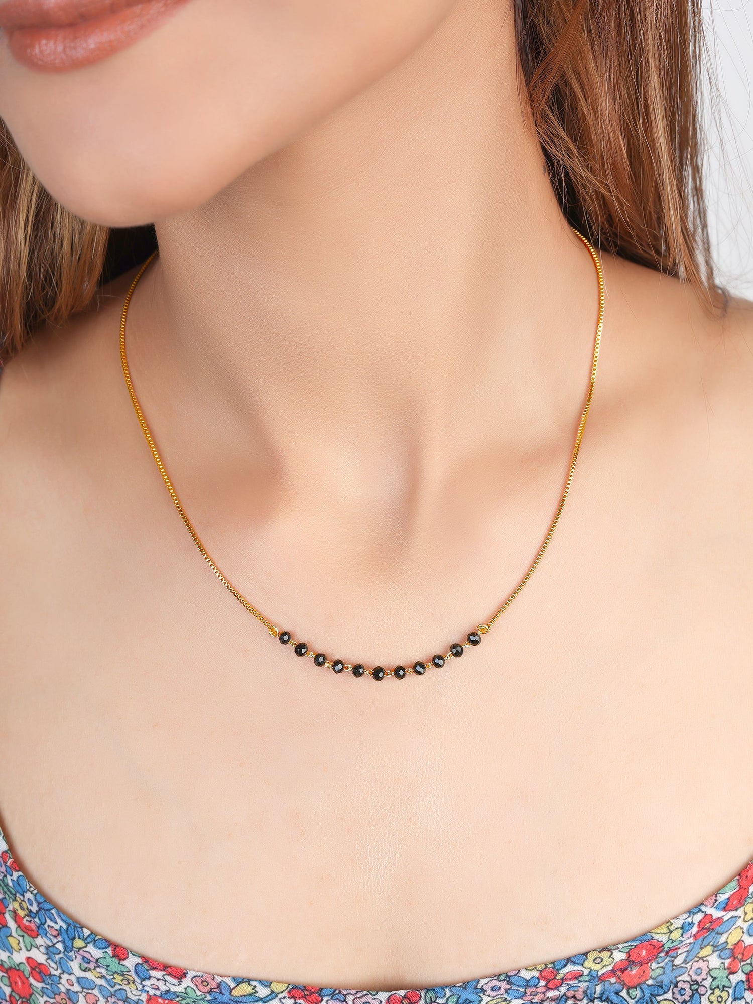 JHB Gold Plated Chain And Black Bead Traditional Short Nacklace Tanmaniya For Women and Girls