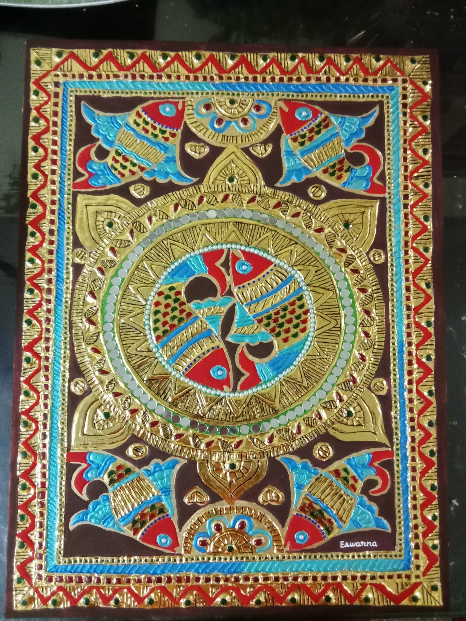 Madhubani fish fusion with Tanjore art style painting