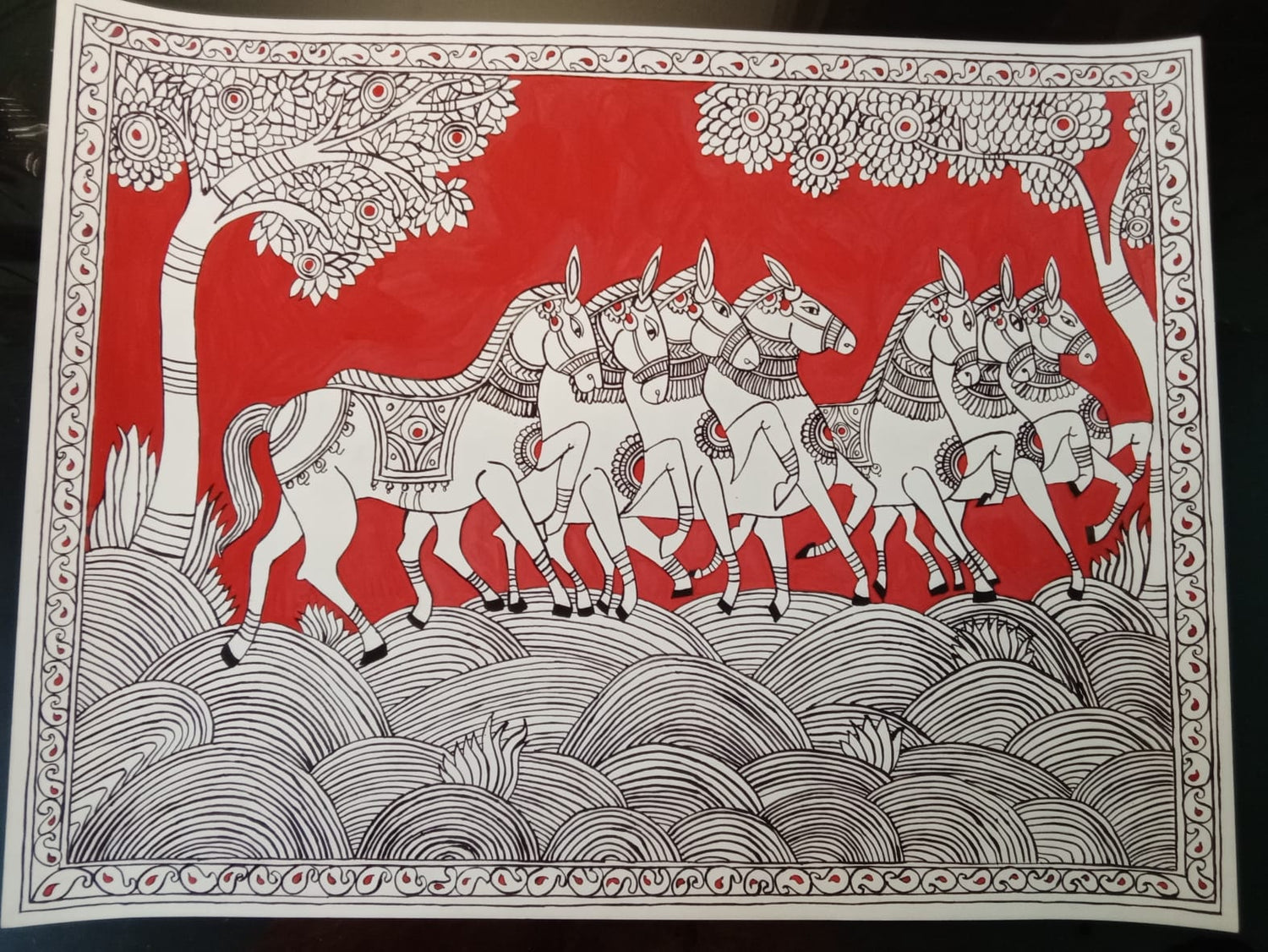 Kalamkari seven horses painting