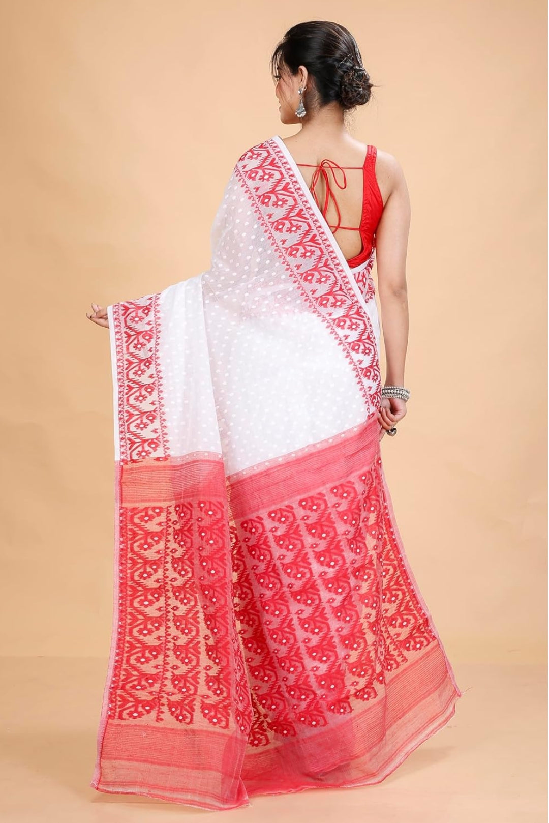 Authentic Dhakai Jamdani Cotton Saree | White with Red Border | Lightweight Handwoven