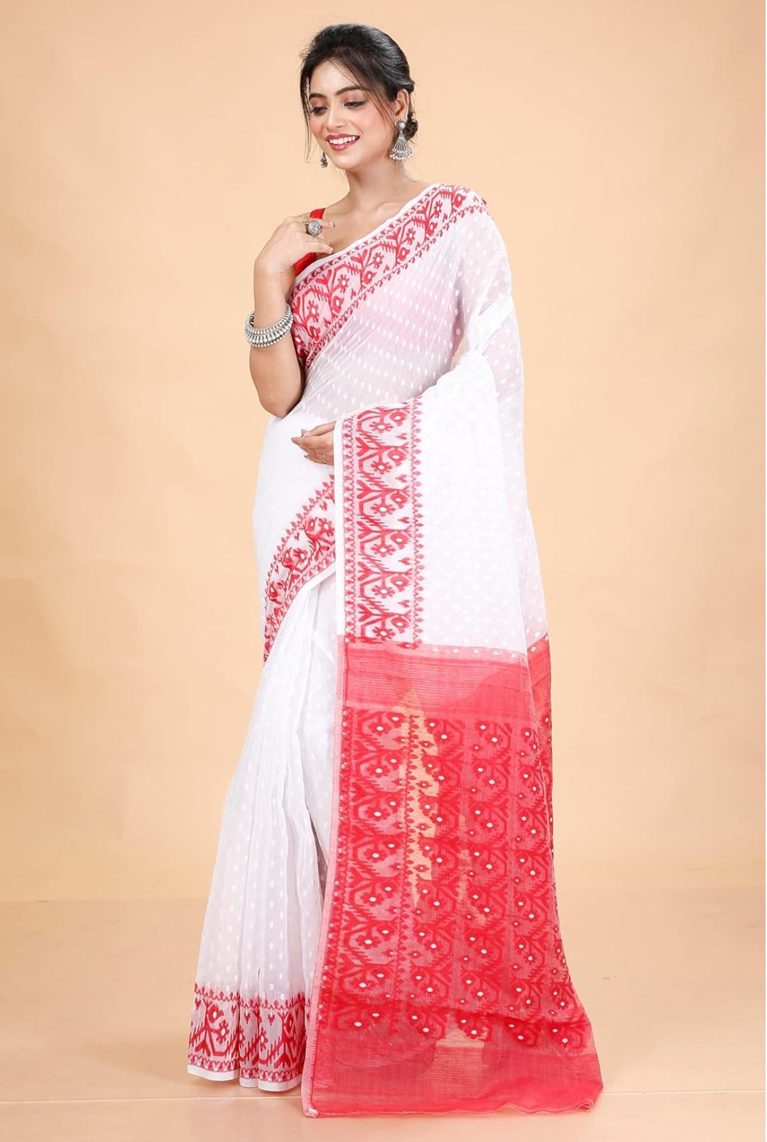 Authentic Dhakai Jamdani Cotton Saree | White with Red Border | Lightweight Handwoven