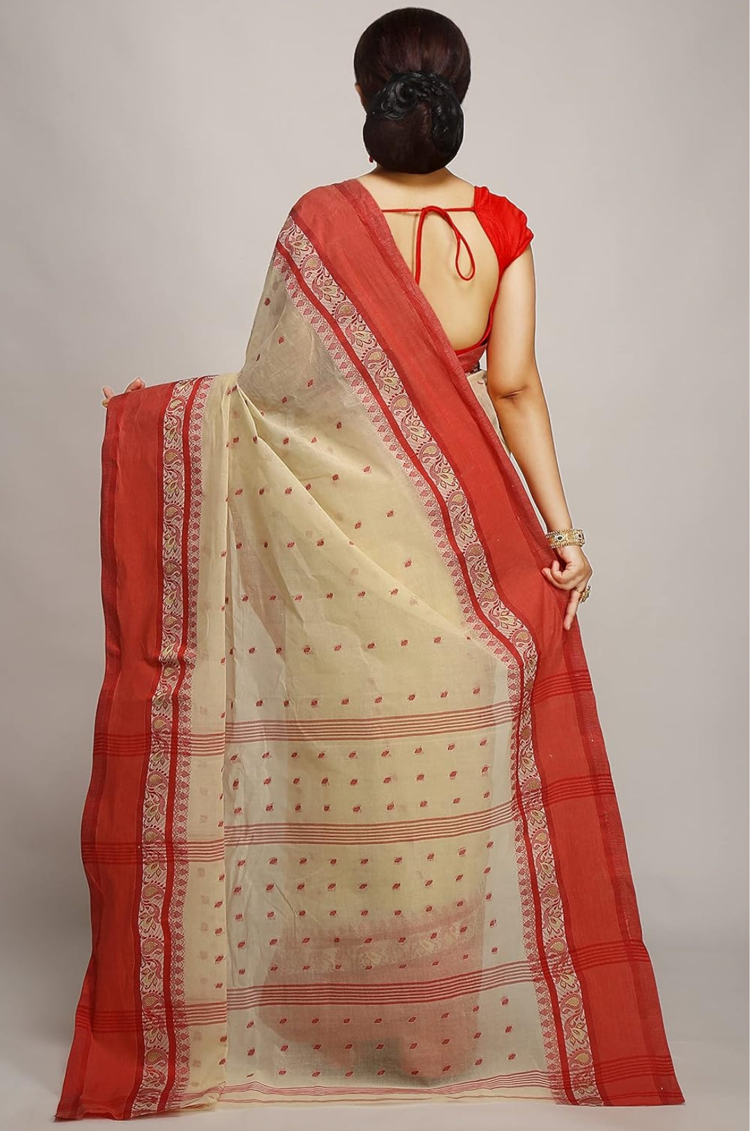 Bengali Tant Pure Cotton Saree | 100 Count Handloom | Red Border Daily Wear