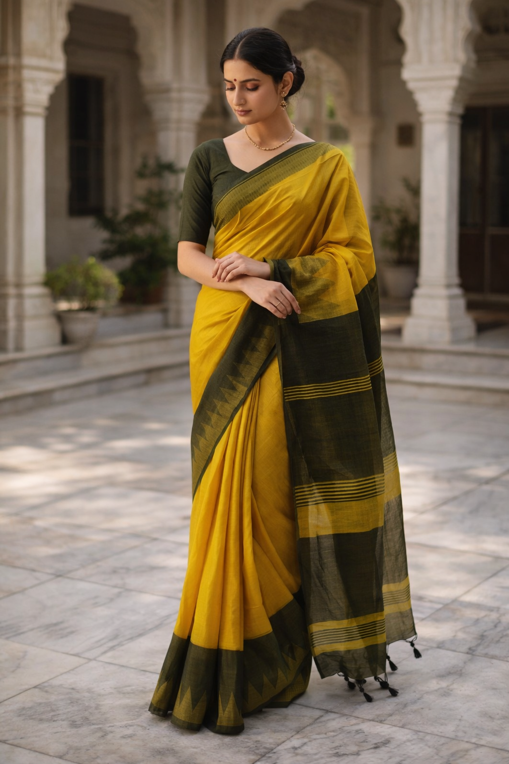 Kanaklata Sunlit Yellow Handloom Cotton Saree with Olive Border & Tassels