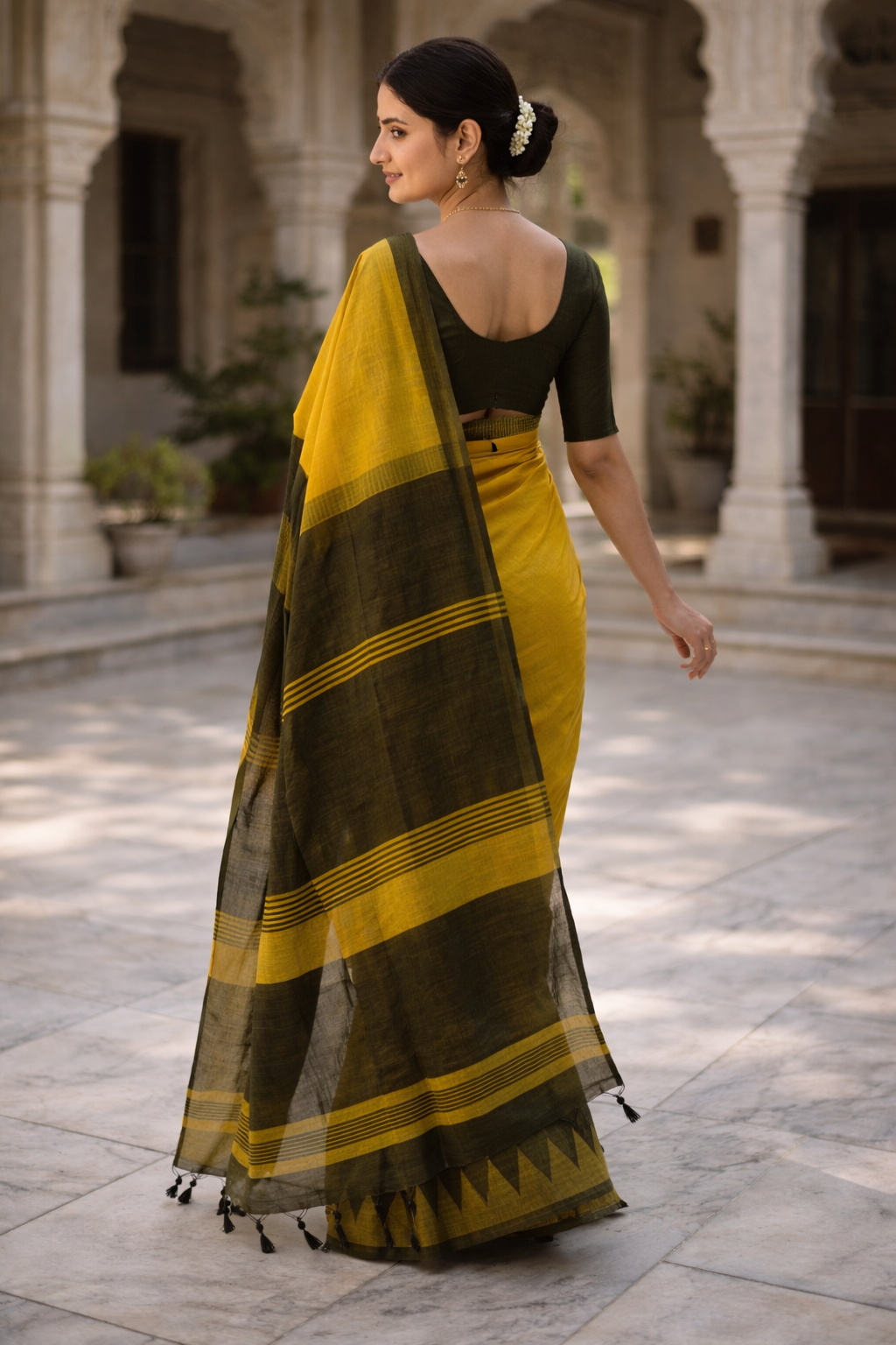 Kanaklata Sunlit Yellow Handloom Cotton Saree with Olive Border & Tassels